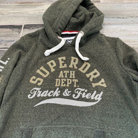 Superdry Track and Field Pullover Hoodie Army Green Metallic Print Warm Wear - Picture 4 of 6